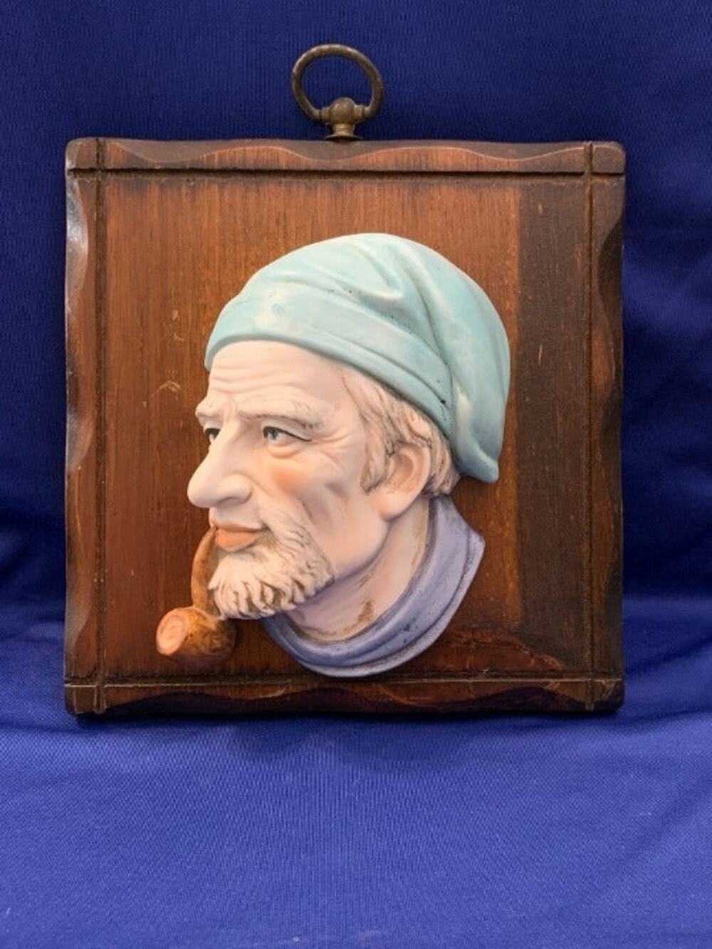 Vintage Lefton Dimensional Man's Face Smoking Pipe Deck Hand with Wood Plaque